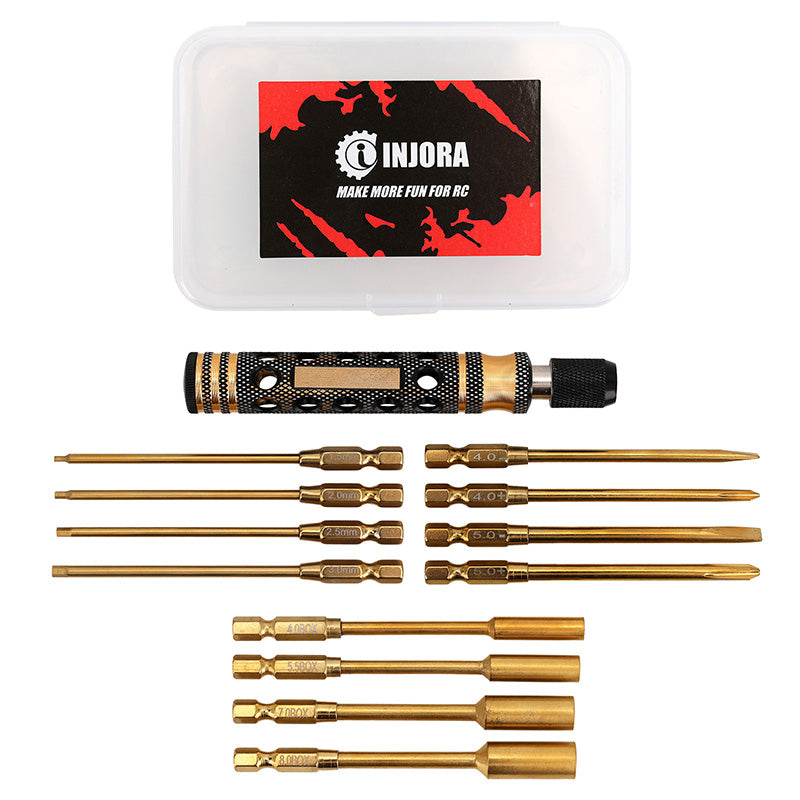 INJORA 12-in-1 Hex, Nut Driver, Phillips, Slotted Screwdriver Quick Change RC Tool Kit for 1/10 1/8 RC 10 INJORA 12-in-1 Hex, Nut Driver, Phillips, Slotted Screwdriver Quick Change RC Tool Kit for 1/10 1/8 RC