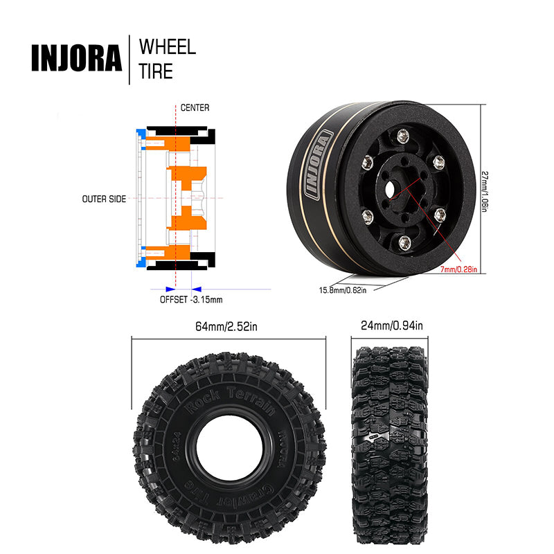 INJORA 4PCS 1.0" 64*24mm Brass Wheel Rims Tires Set for 1/18 1/24 RC Crawlers (W1005-T1011) 6 INJORA 4PCS 1.0" 64*24mm Brass Wheel Rims Tires Set for 1/18 1/24 RC Crawlers (W1005-T1011)