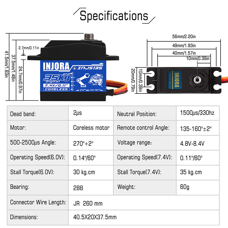 INJORA INJS135 35KG Waterproof Large Torque Digital Coreless Servo for RC Model (270 degrees) 5 INJORA INJS135 35KG Waterproof Large Torque Digital Coreless Servo for RC Model (270 degrees)
