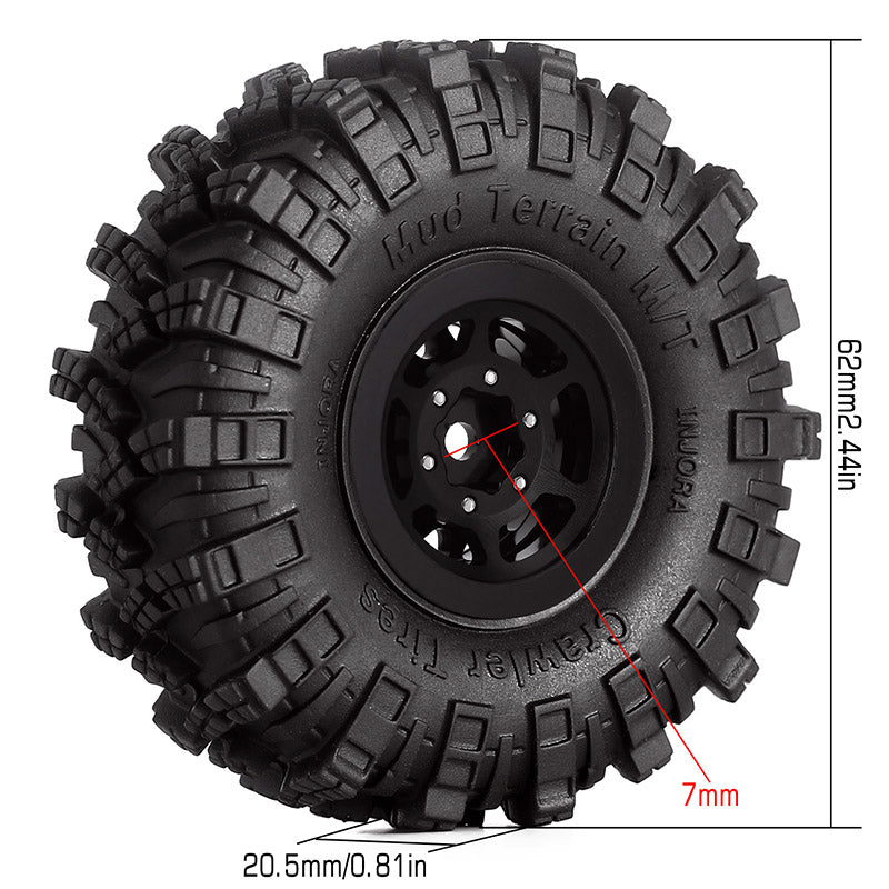 INJORA 1.0" 62*20.5mm Wheel Rims Mud Terrain Tires Set for 1/24 RC Crawlers (4) (W1049-T1007) 25 INJORA 1.0" 62*20.5mm Wheel Rims Mud Terrain Tires Set for 1/24 RC Crawlers (4) (W1049-T1007)