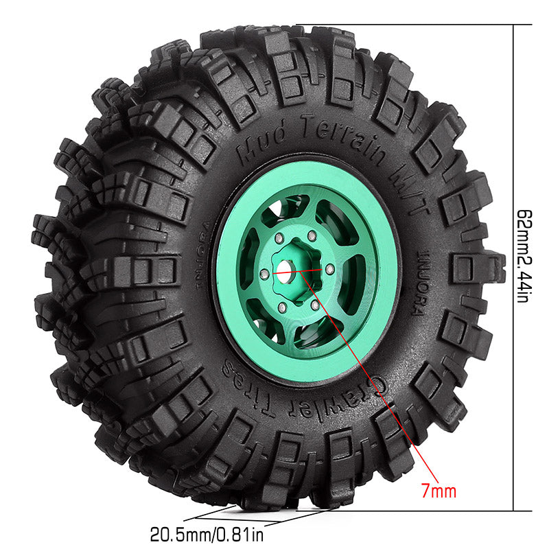 INJORA 1.0" 62*20.5mm Wheel Rims Mud Terrain Tires Set for 1/24 RC Crawlers (4) (W1049-T1007) 32 INJORA 1.0" 62*20.5mm Wheel Rims Mud Terrain Tires Set for 1/24 RC Crawlers (4) (W1049-T1007)