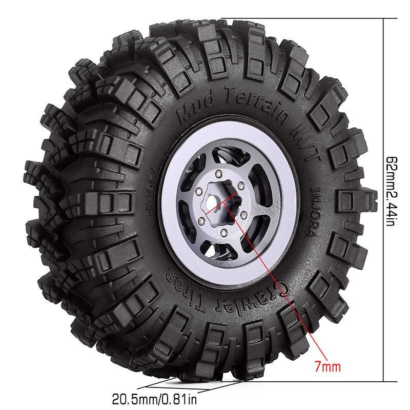 INJORA 1.0" 62*20.5mm Wheel Rims Mud Terrain Tires Set for 1/24 RC Crawlers (4) (W1049-T1007) 5 INJORA 1.0" 62*20.5mm Wheel Rims Mud Terrain Tires Set for 1/24 RC Crawlers (4) (W1049-T1007)