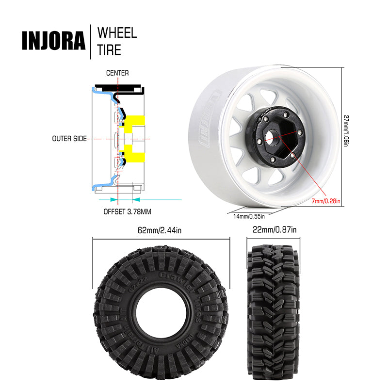 INJORA 1.0" 62*22mm -3.78mm Offset Beadlock Wheel Rims Tires Set for 1/24 RC Crawlers (4) (W1004-T1014) 16 INJORA 1.0" 62*22mm -3.78mm Offset Beadlock Wheel Rims Tires Set for 1/24 RC Crawlers (4) (W1004-T1014)
