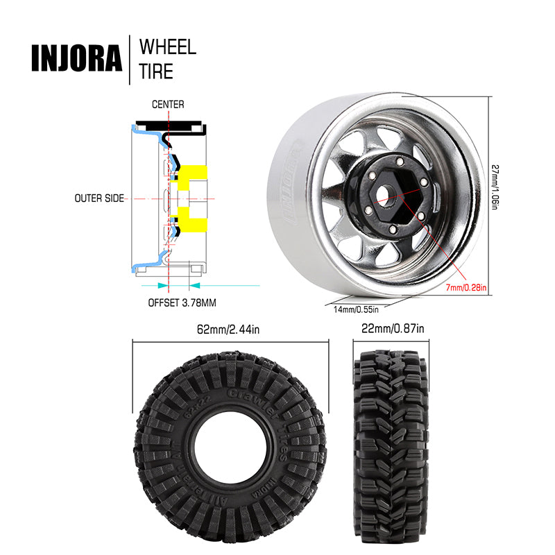 INJORA 1.0" 62*22mm -3.78mm Offset Beadlock Wheel Rims Tires Set for 1/24 RC Crawlers (4) (W1004-T1014) 23 INJORA 1.0" 62*22mm -3.78mm Offset Beadlock Wheel Rims Tires Set for 1/24 RC Crawlers (4) (W1004-T1014)
