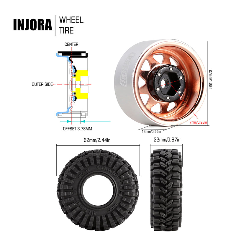 INJORA 1.0" 62*22mm -3.78mm Offset Beadlock Wheel Rims Tires Set for 1/24 RC Crawlers (4) (W1004-T1014) 28 INJORA 1.0" 62*22mm -3.78mm Offset Beadlock Wheel Rims Tires Set for 1/24 RC Crawlers (4) (W1004-T1014)