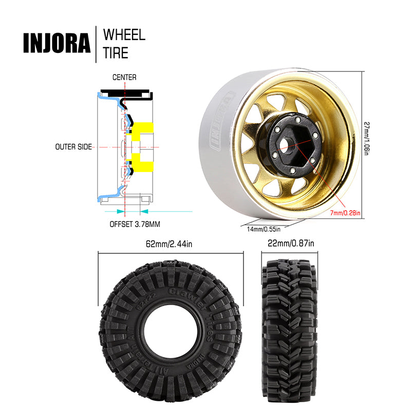 INJORA 1.0" 62*22mm -3.78mm Offset Beadlock Wheel Rims Tires Set for 1/24 RC Crawlers (4) (W1004-T1014) 34 INJORA 1.0" 62*22mm -3.78mm Offset Beadlock Wheel Rims Tires Set for 1/24 RC Crawlers (4) (W1004-T1014)
