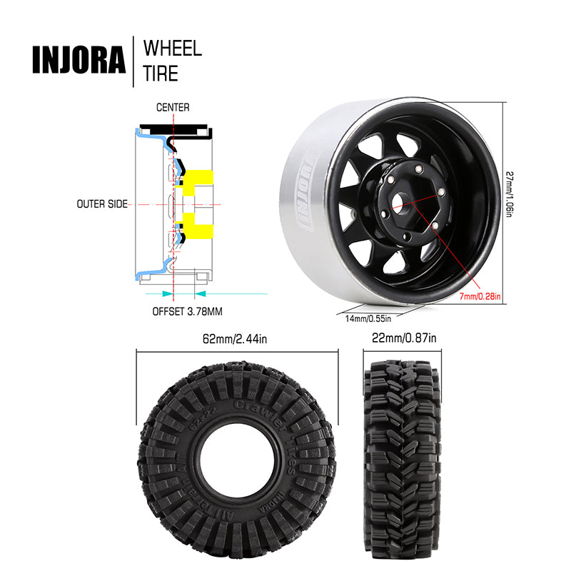 INJORA 1.0" 62*22mm -3.78mm Offset Beadlock Wheel Rims Tires Set for 1/24 RC Crawlers (4) (W1004-T1014) 5 INJORA 1.0" 62*22mm -3.78mm Offset Beadlock Wheel Rims Tires Set for 1/24 RC Crawlers (4) (W1004-T1014)