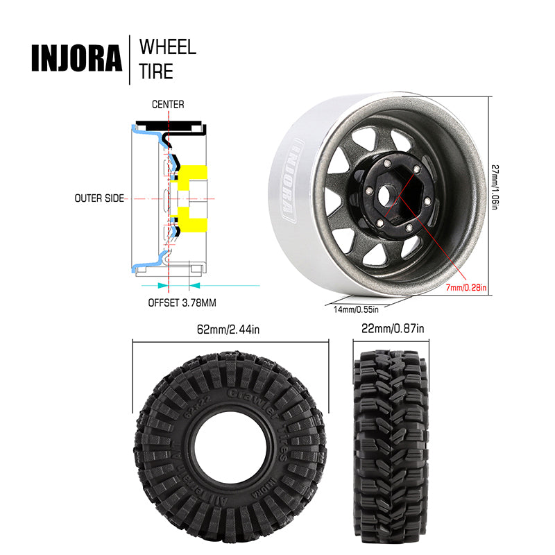 INJORA 1.0" 62*22mm -3.78mm Offset Beadlock Wheel Rims Tires Set for 1/24 RC Crawlers (4) (W1004-T1014) 10 INJORA 1.0" 62*22mm -3.78mm Offset Beadlock Wheel Rims Tires Set for 1/24 RC Crawlers (4) (W1004-T1014)